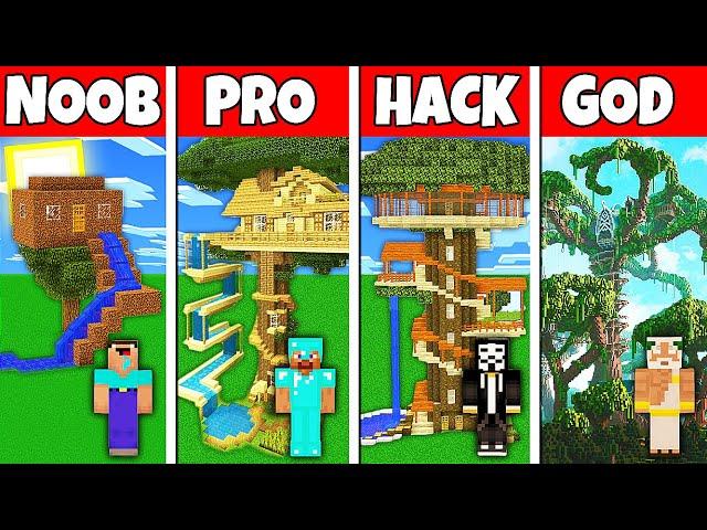 Minecraft Battle: NOOB vs PRO vs HACKER vs GOD! TREE HOUSE WITH WATER SLIDE BUILD CHALLENGE