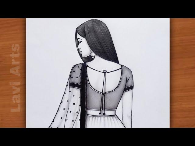 Easy Step by Step Girl Backside drawing in Traditional dress | Girl Pencil Drawing | Drawing | Art