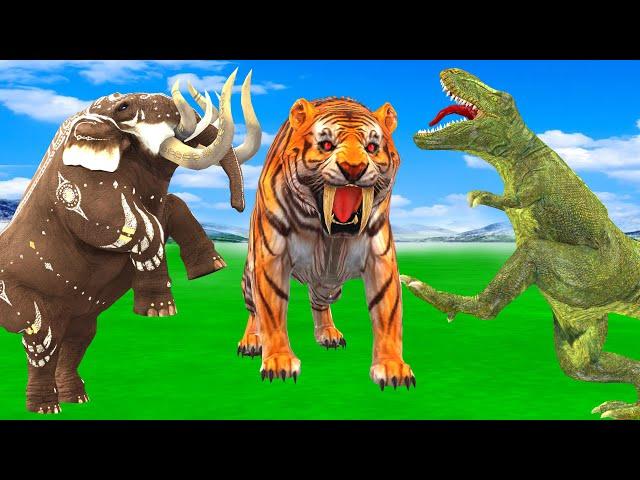 10 Mammoth Elephants vs 5 Saber tooth Tiger Lion Fight Cow Baby Elephant Saved by Woolly Mammoth