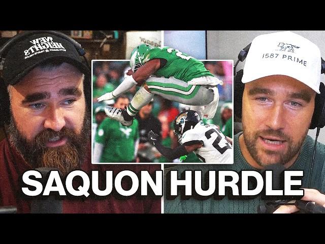 "Best hurdle I've ever seen" - Jason and Travis can't get over Saquon's electric reverse hurdle