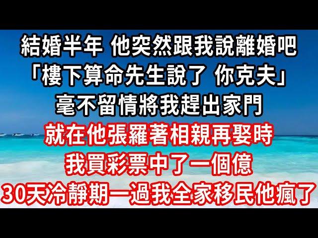 結婚半年 他突然跟我說離婚吧，樓下算命先生說了 你克夫，毫不留情將我趕出家門，就在他張羅著相親再娶時，我買彩票中了一個億，30天冷靜期一過我全家移民他瘋了#家庭伦理#小說