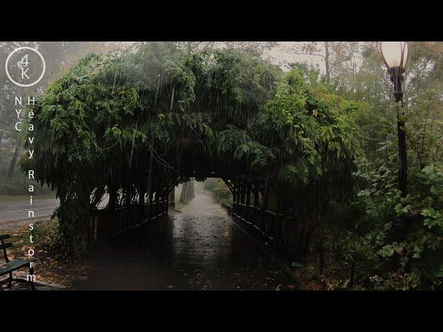 NYC Heavy Rain Walk - Strawberry Fields in Central Park in Manhattan, New York 4K - Rain Sounds ASMR