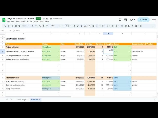 Vergo Construction Timeline Template in Google Sheets