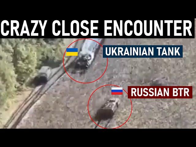 Crazy Close Encounter between Ukrainian Tank and Russian BTR!