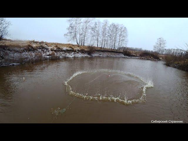 Выпал снег, а мы кидаем накрывушку. Рыба на каждом забросе.