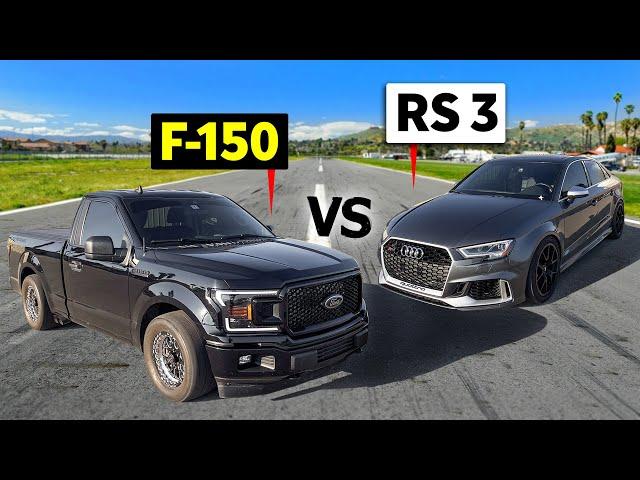 860HP IROZ Audi RS 3 vs 1100HP Twin Turbo Coyote F-150 in NO-PREP DRAG RACING!