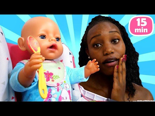 Kids play dolls & Feeding Baby Annabell doll. Washing machine toys for Baby Born doll - Family fun.