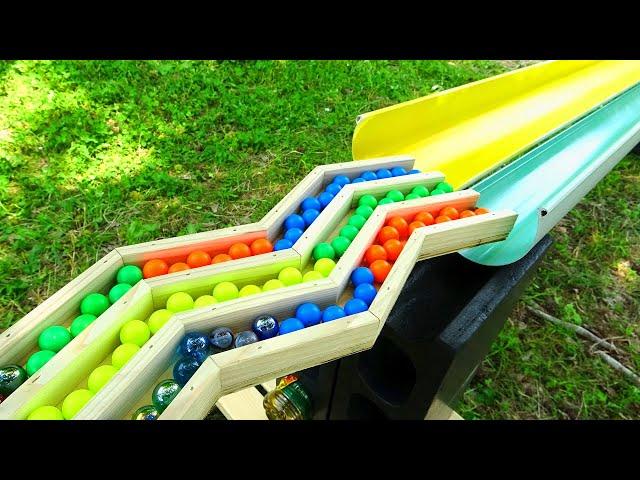 Marble Run ASMR  Handmade wooden triple lightning slope & river water