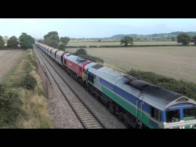 Mendip Rail 59005 and DB Schenker 59203, Doubleheaded, with empty "Jumbo" Train at Edington 24.09.13