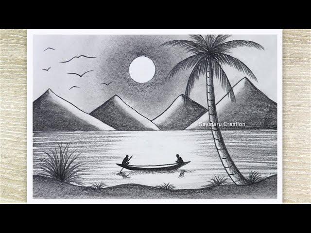 Sunset Scenery Drawing with pencil sketch, Easy Pencil Drawing for Beginners