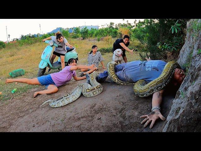 4 Brave Girls Hunters with Pitbull Dog Confronts 2 Ferocious Giant Pythons To Save Old Man