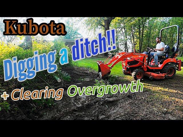 Kubota BX - Digging A Ditch With The FEL + Clearing Overgrowth