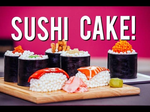 How to Make SUSHI CAKE! Chocolate Jelly Roll Sponge, Ginger Infused Buttercream & Candy Toppings!