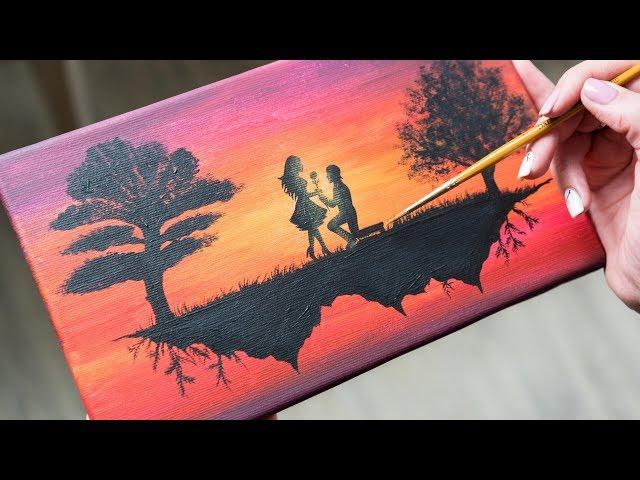 A Loving Couple on a flying Island - Acrylic painting / Homemade Illustration (4k)