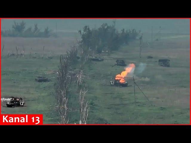 Drone shows the burning tanks abandoned by fleeing Russians on the battlefield