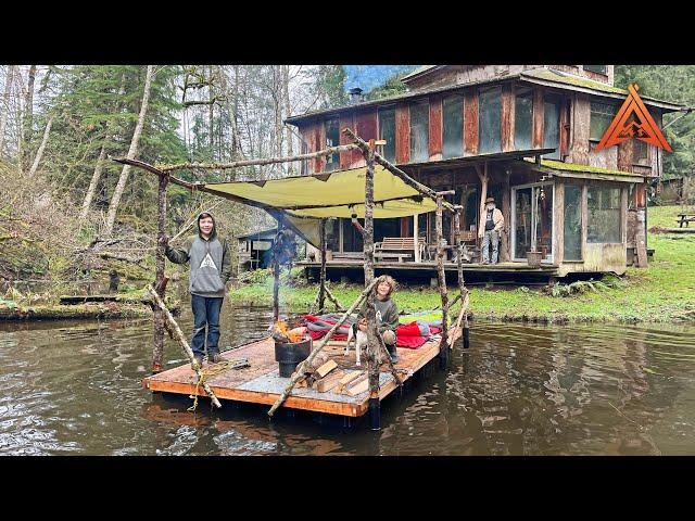 Camping on Floating Bushcraft Shelter at Neighbor's Cabin in the Woods