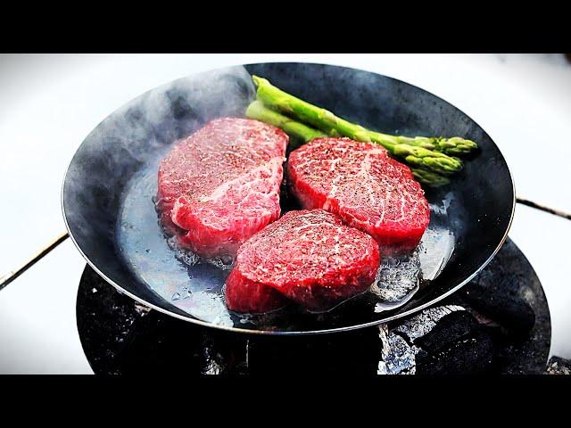 White ️ Sirloin steak on a snowy field | Cold beer