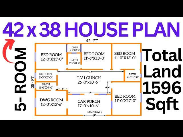 HOUSE PLAN 42x38 DESIGN .6 MARLA HOUSE1596 SQUARE FT. हाउस प्लान 38x42 डिज़ाइन। .LAYOUT PLAN