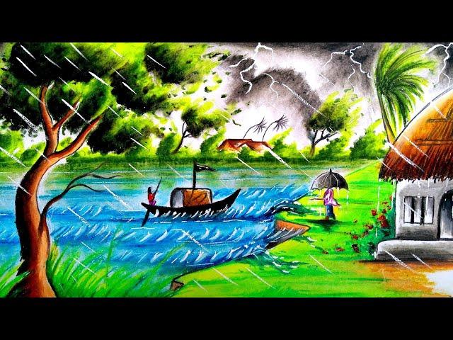 rainy season drawing/rainy day drawing/rain drawing/monsoon season drawing/বর্ষা কালের দৃশ্য আঁকা