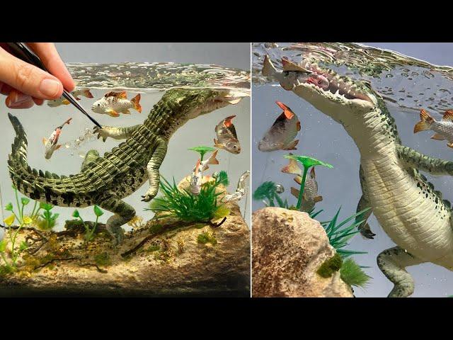 CROCODILE Hunts River Fish! Diorama, Polymer Clay