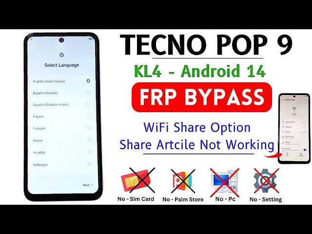 Tecno Pop 9 Google/FRP Bypass Without PC | All Tecno Android 14 Frp Bypass - Share Option Not Work