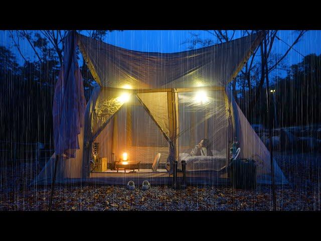 Camping alone in the rain in a small, cozy air tent under a maple tree that rains all day