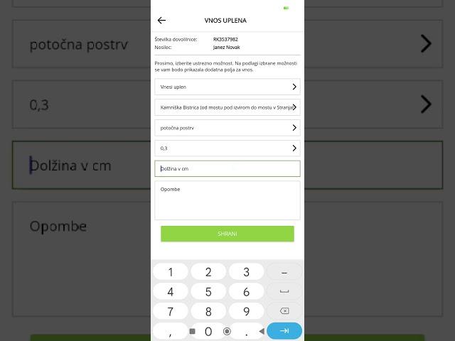 Aplikacija eLRD za mobilni telefon - vnos uplena