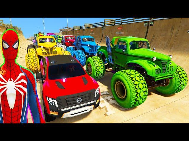 SPIDERMAN CARS Monster Trucks Mega Rampa Challenge ! SUPERHERO HULK Iron Man Goku Racing - GTA V