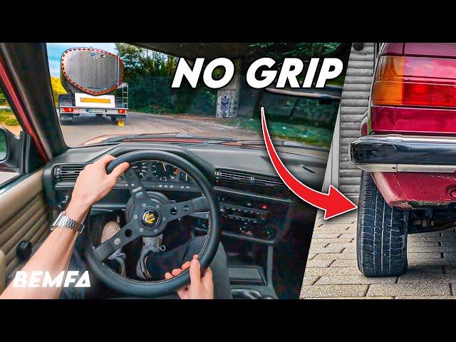 POV Drifting My BMW E30 318is in the RAIN with 20 YEAR OLD Tires!