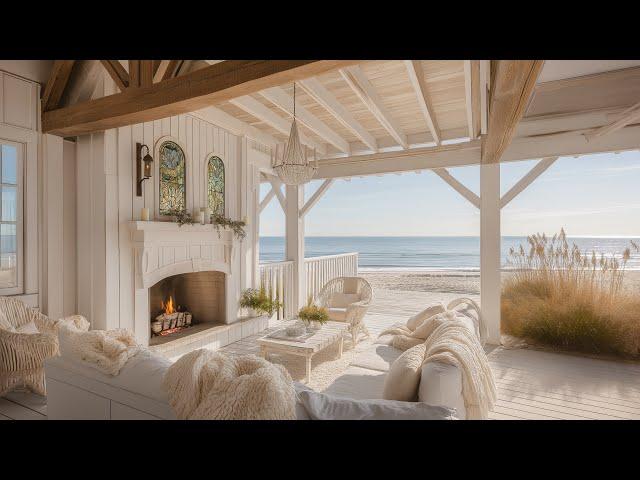 Cozy Coastal Porch Ambiance | Crackling Fireplace & Ocean Waves Sounds for Relax, Study