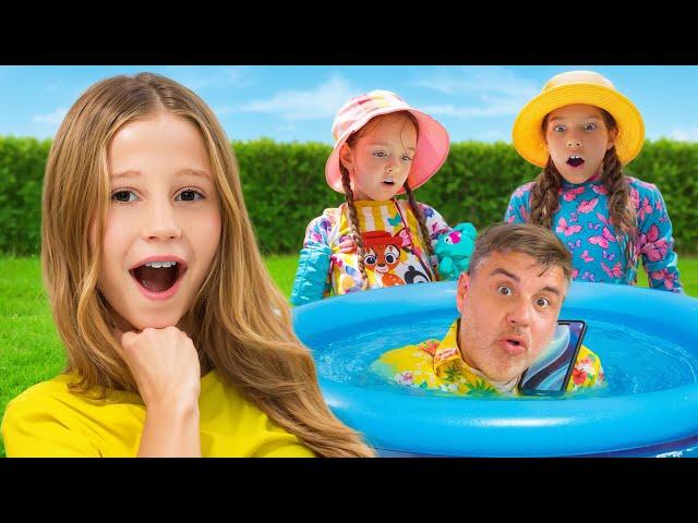 Nastya's dad shows the kids the rules of pool safety