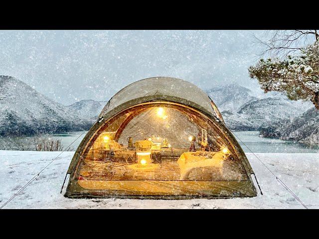 폭설 뒤 최강 한파 ️ 나혼자 360도 파노라마 뷰 텐트 안에 고립 | -12°C 꽁꽁 얼어붙은 호수