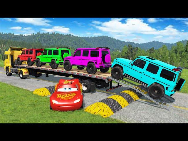 TRANSPORTING PIXAR CARS & FRUITS WITH COLORED & JOHN DEERE vs CLAAS vs TRACTORS - BeamNG.drive #962