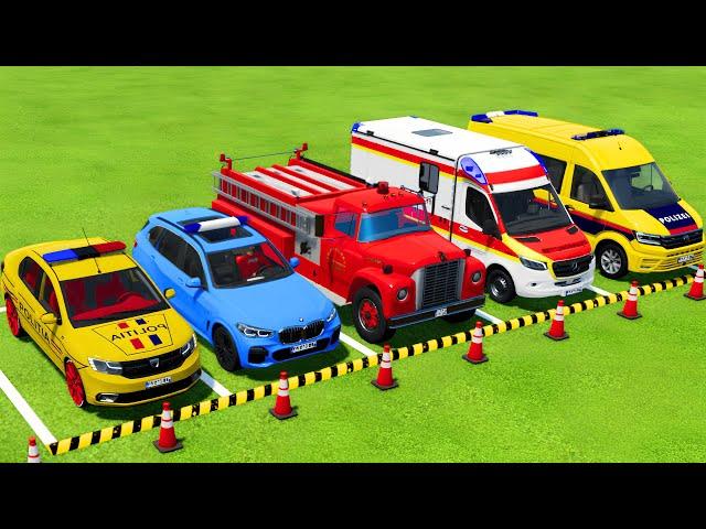 TRANSPORTING POLICE CARS, AMBULANCE, FIRE DEPARTMENT VEHICLES WITH TRUCKS ! Farming Simulator 22