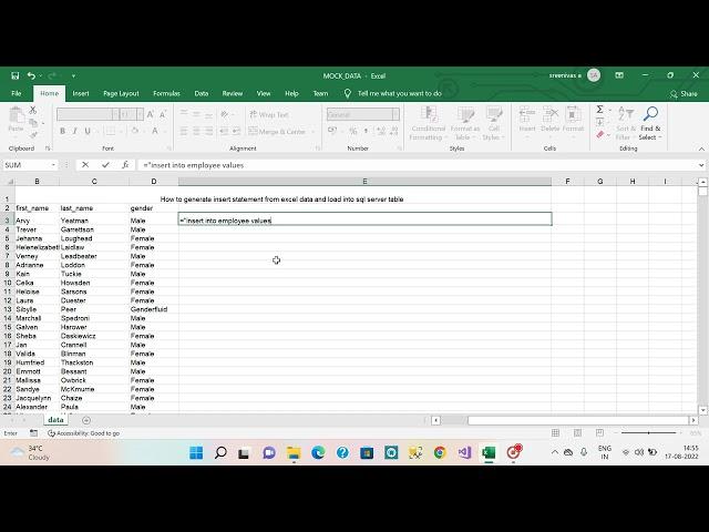 How to generate insert statements from excel data and load into SQL server table | Madhu