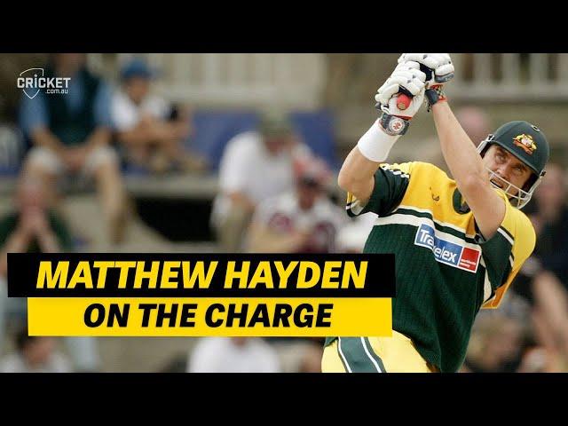 Take that! Matthew Hayden advancing at pace bowlers