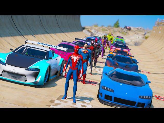 SpiderMan Super Challenge Cars SuperHeroes Captain America Wolverine MegaRamp GTA V Mods !