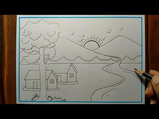 Easy Village Scenery Drawing| Hillside drawing,sun, stream,tree,bird drawing | Pencil drawing