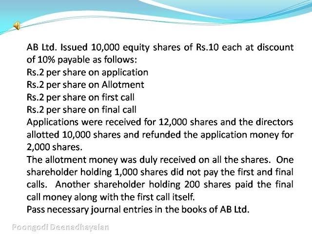 AB Ltd. Issued 10,000 equity shares of Rs.10 each at discount of 10% payable as follows:Rs.2 per sha