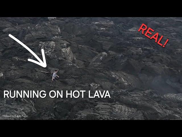 Tourist running across hot lava in Iceland (real)