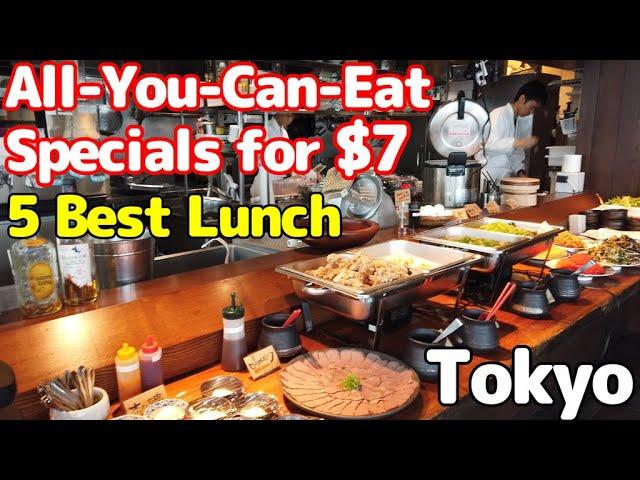 5 all-you-can-eat lunches for $7 in Tokyo, with lines at Shinjuku, Ginza, Shibuya, and Shinbashi