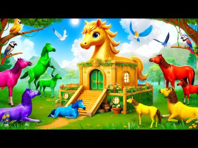 Golden Horse House Diorama: Heroic Horses Take on Lion, Tiger & Fox in Epic Rescue Adventure!