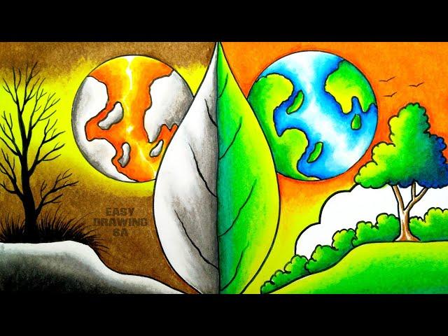 environment drawing/earth day drawing/global warming drawing/poster drawing easy oil pastel colour