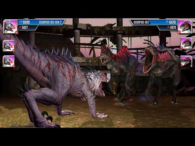 Scorpios Rex Gen 2 vs 2 Scorpios Rex Fight in Jurassic World the Game