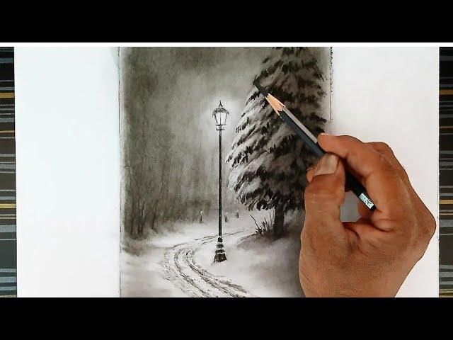 Pencil drawing landscape of winter season nightmode street with lamp pillar.