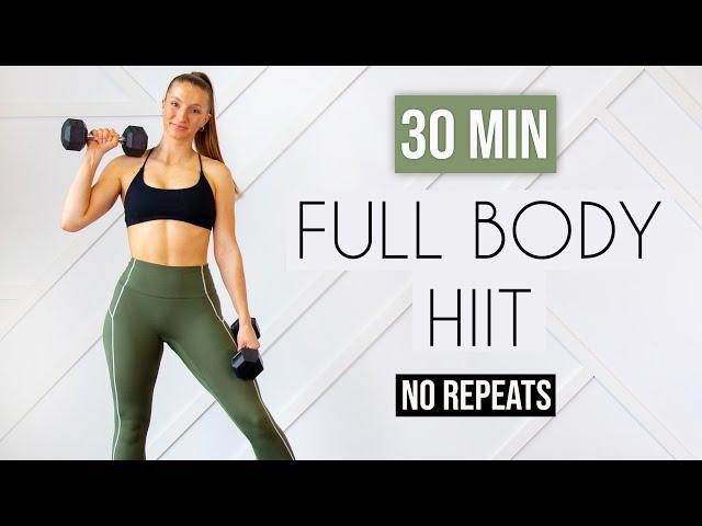 30 MIN FULL BODY HIIT with weights (NO REPEATS, NO JUMPING)