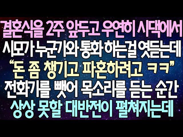 (반전 사연) 결혼식을 2주 앞두고 우연히 시댁에서 시모가 누군가와 통화 하는걸 엿듣는데  전화기를 뺏어 목소리를 듣는 순간 상상못할 대반전이 펼쳐지는데 /사이다사연/라디오드라마