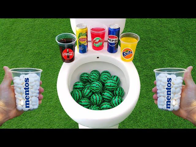 Watermelon Balls pit VS Popular Sodas !! Fruko, Coca Cola, Fanta, Pepsi and Mentos in the toilet