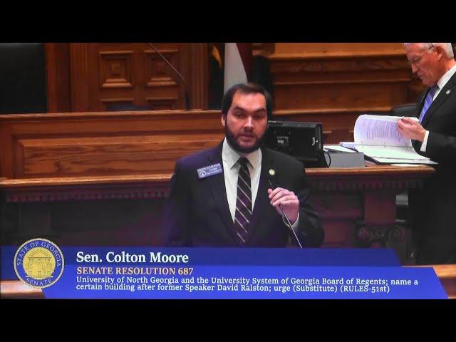 GA Senator Colton Chase Moore opposes SR 687 to memorialize lawyer and Speaker David Ralston 3/14/24