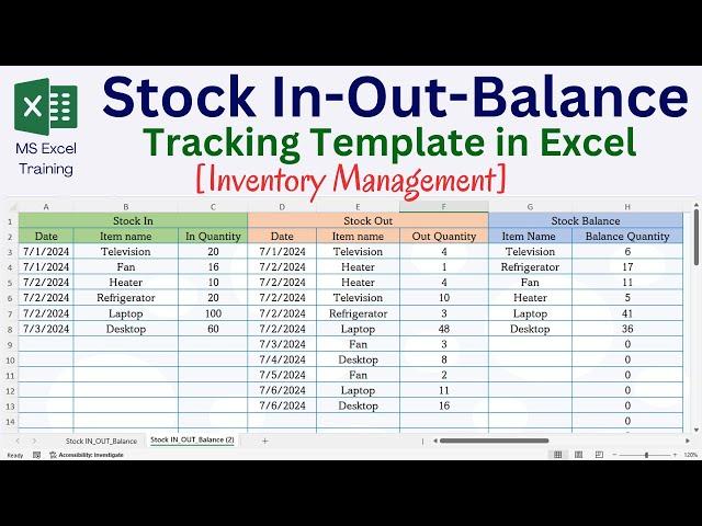 Stock In Out and Balance Template in Excel | Inventory Management Template